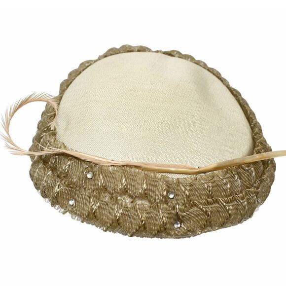 Vintage 50s Platter Hat Dark Ivory w Ruffle and Rhinestones 10" Across - Hey Viv - Picture 5 of 7